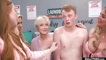 Guy fucks busty milfs in a laundry room