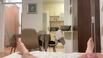 He is jerking off a while his stepsister is showing outfits, she helped him to cum.