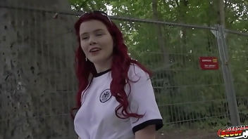 GERMAN SCOUT - Redhead Football Fan Mia May Pickup for Public Anal Fuck at Public Viewing