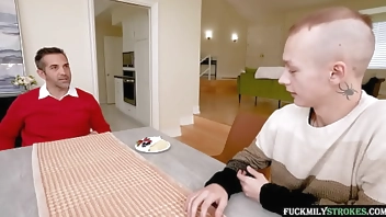 Horny stepsister seduces her stepbrother's new girlfriend to test how well she fucks, often the stepfather also joins in and they have an intense threesome until they all cum.