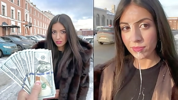 Beauty walks with cum on her face in public, for a generous reward from a stranger - Cumwalk
