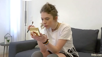 Rebel young blonde with juicy natural tits rides grandpa cock and she swallows his cum