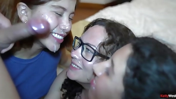 Orgy with three girls and one guy, fucked them in turns and cum on their faces - Public Cumwalk