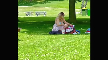 Voyeur Cam. Busty Bombshell Flashing Huge Tits in Public Park