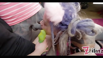 TATTOOED catplay girl double BLOWJOB - femdom, strap on petplay BUTPLUG with tail