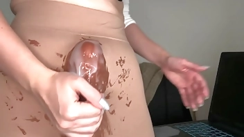 Stepmother’s boner made a big cumshot while her horny Stepson watching it in the office