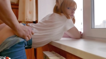 Lover Doggy Fuck Tight Pussy Redhead Near the Window