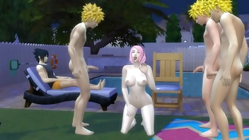 Sakura Follada por los clones de Naruto Gangbang al frente de Sasuke su Marido cornudo Netorare