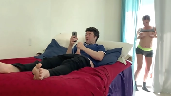 Voyeur stepmom fucks stepson after catching him masturbating