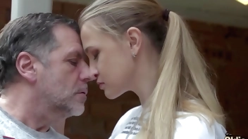 Gradpa fucks tight and wet teen pussy with cumshot in her mouth