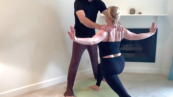 Stepson helps stepmom with yoga and stretches her pussy