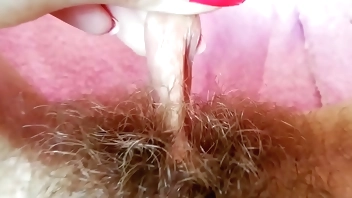 Hairy fetish video big clit hood pulling labia play and wet pussy fingering