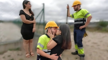 Construction worker fucks curious girl and cums inside.