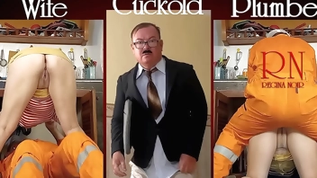 Cheating housewife, plumber and cuckold husband at the kitchen. Scene 2