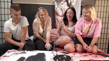 Quickly losing all clothes with three sexy ladies on the bed