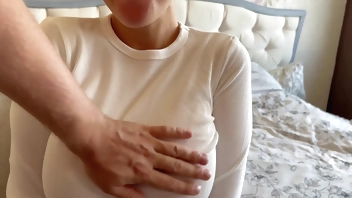 A completely natural busty BRUNETTE needs attention while her boyfriend is not at home