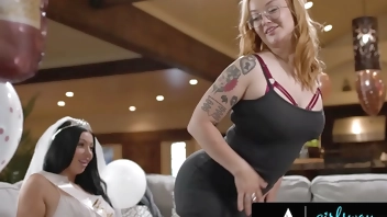 GIRLSWAY - Horny Bride Holly Day Cheats With PAWG Redhead Emma Magnolia During Steamy Striptease