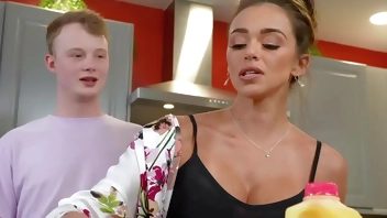 Quickie sex with busty stepmother while dad taking shower