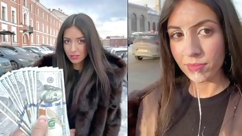 Beauty walks with cum on her face in public, for a generous reward from a stranger - Cumwalk