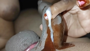 Wife licking cock with chocolate