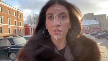 Girl agreed to walk with a stranger's Cum on her face in a public place - Cumwalk