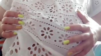 My cute stepsister playing with her huge tits after school