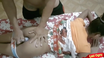 Massaging her body and touching her stepdaughter's cute ass with penis and objects