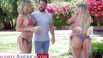 A naughty 4-some is fitting for bikini clad babes Ella Reese, Kayley Gunner, and Kendra Sunderland on the Fourth of July
