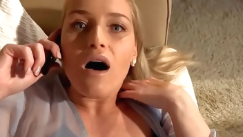 Step mom fingered while she's on phone with dad