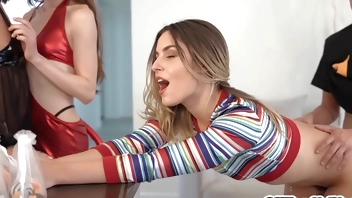 Stepbro fucked his sexy teen stepsister Chanel Camryn in front of her sexy best friends Chloe Temple and hot babe Tiana Blow