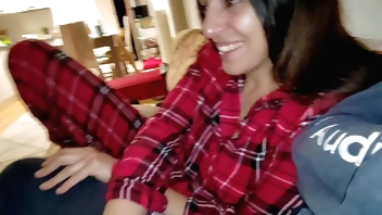 Wife in pajamas fucks a friend in silence while her husband is in the room