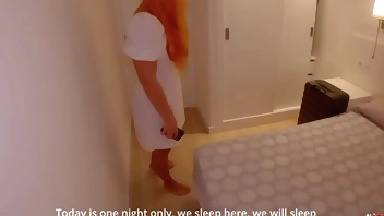 Stepmother and stepson share a bed in a hotel room. Stepmom with a beautiful ass excited her stepson and the stepson fucked his stepmom and cum in her pussy