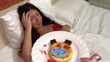 A surprise for a girl for a birthday - a cake, champagne and a hard cock!