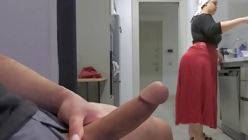 Caught jerking off while watching my Huge ass Hijab Stepmom.