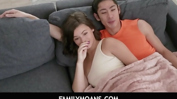 FamilyMoans  -  Teens In Front Of Stepdad During Scary Movie - Dharma Jones, David Lee