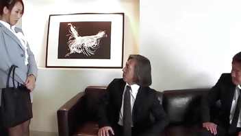 Asian Office Girl talk to DP and Anal MMF Threesome Fuck by two old Guys