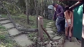 Lumberjacks have they captured girls. The first victim. Part 2. She suffers blindfolded, while he paddling her perfect ass, and fucks her in handcuffs.