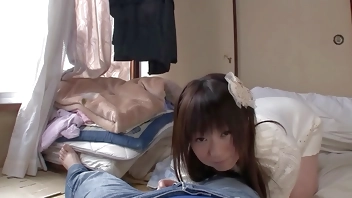 Petite Japanese Step-Sister talk to give her First Time Blowjob in POV and swallow