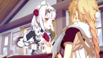 Noelle and Shenhe and Aether intense sex. - Genshin Impact Hentai