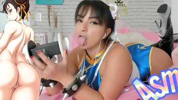 Chun Li cosplay ASMR INTENSE EAR LICKING TITSFUCK AND BLOWJOB
