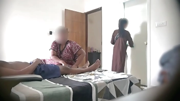 Flashing dick infront of two maids when taking massage