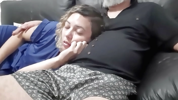 Stepmother ends up falling asleep on her stepson's lap and he sticks his dick in her mouth until he cums
