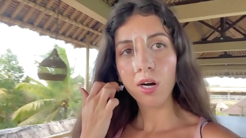 Cute Girl Eating Burger with Cum on Her Face in Public Cafe - Cumwalk