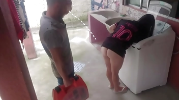 Married housewife pays washing machine technician with her ass while husband is away
