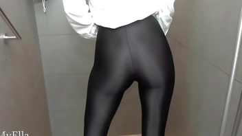 Ella taking a soapy shower in shiny legging, with blowjob