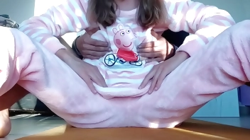 teasing petite hot sexy horny stepsister with small tits in pajama and taboo touch pussy