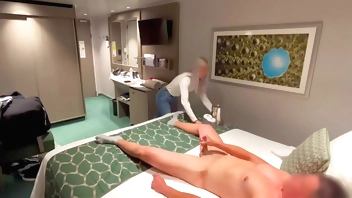 I call the girl at the hotel reception to bring me a soft drink to my room and she helps me finish cumming by jerking off