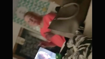 Stroking hard cock infront of her family