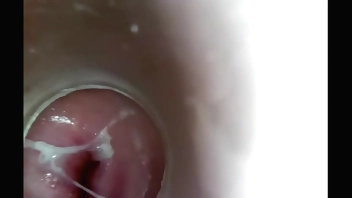 Camera inside her pussy while she fucks herself with 8 inch dildo