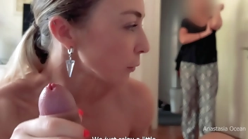 My stepmom caught me giving a blowjob to my boyfriend. We were talking and she wanted to watched.